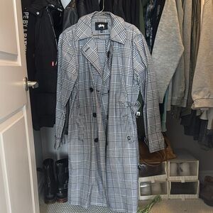 Stussy Black and White Plaid Trench Coat